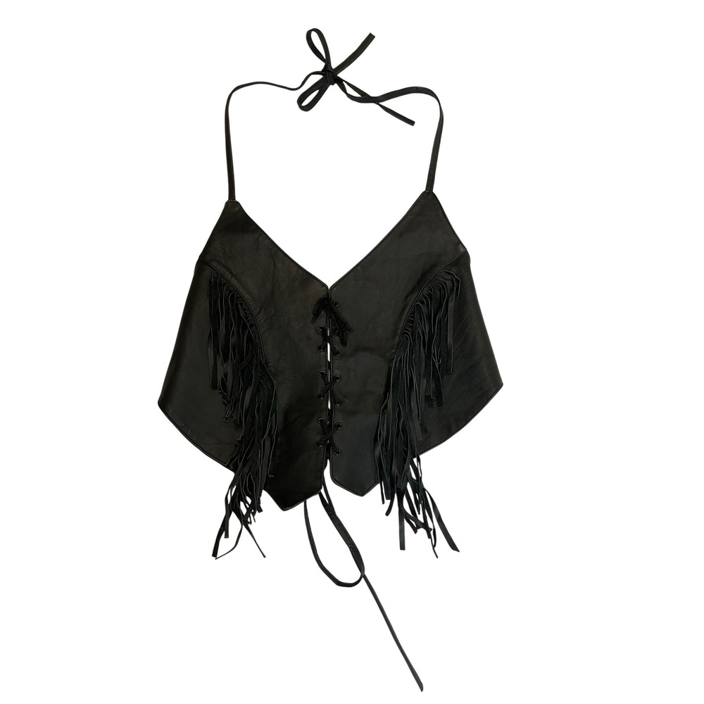 Black Leather Backless Halter Top Tie Back Suede Fringe Tasseles Lace Up Front S